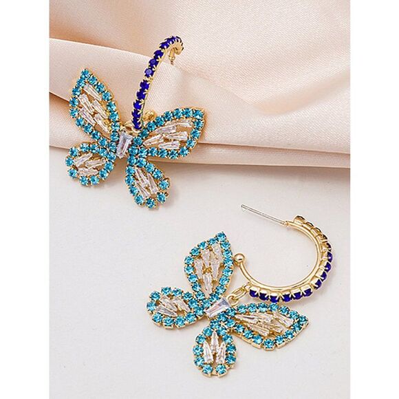 Purple and Blue Beautiful Butterfly Rhinestone Dangle Earrings CRYSTAL BLING - Picture 3 of 3